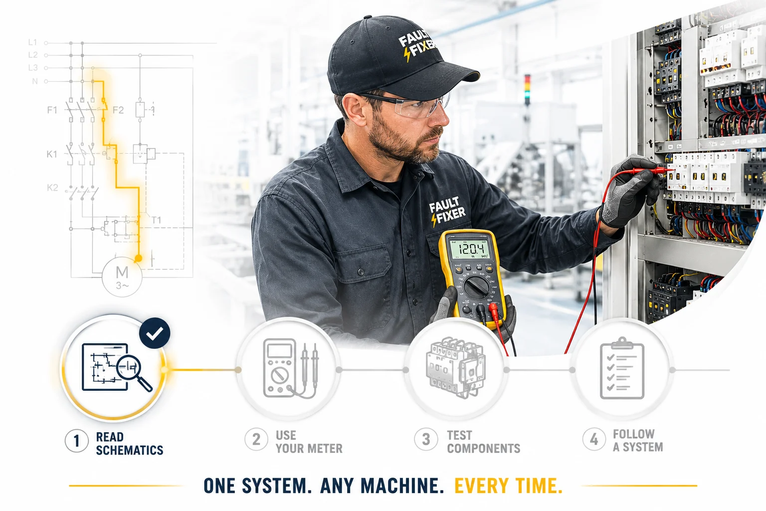 The Foundational Four Framework: 01 Read Schematics, 02 Use Your Meter, 03 Test Components, 04 Follow A System. One system, any machine, every time.